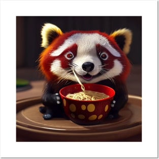 Kawaii Red Panda Eating Ramen Posters and Art